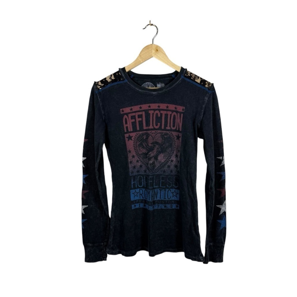 VINTAGE Y2K Affliction Breakdown American Thermal Graphic Top Grey/Blue/Red XS